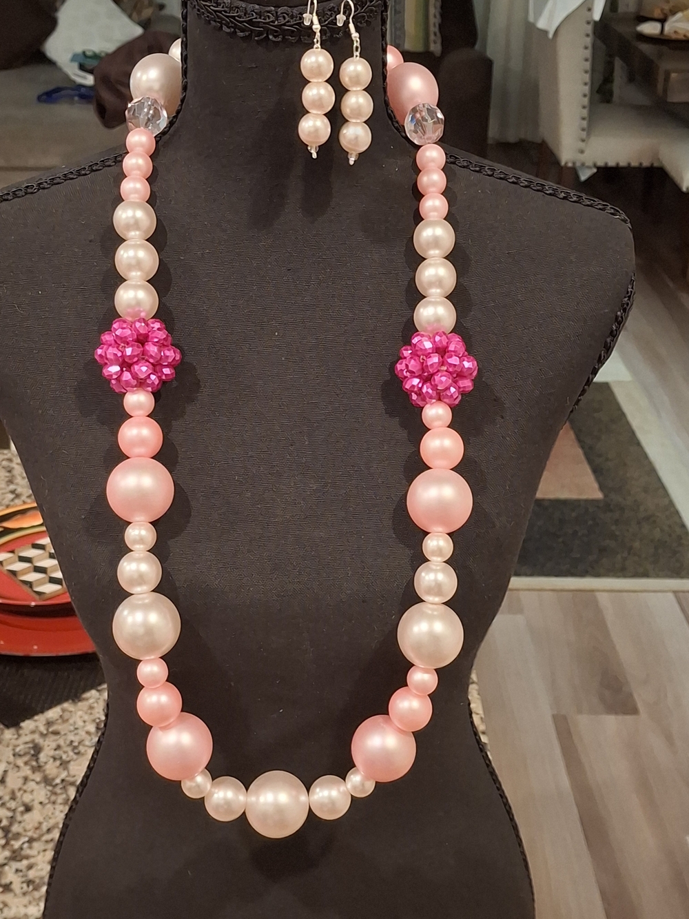 Pink Pearl and Fuchsia Jumbo Bead Statement Necklace with Matching Earrings